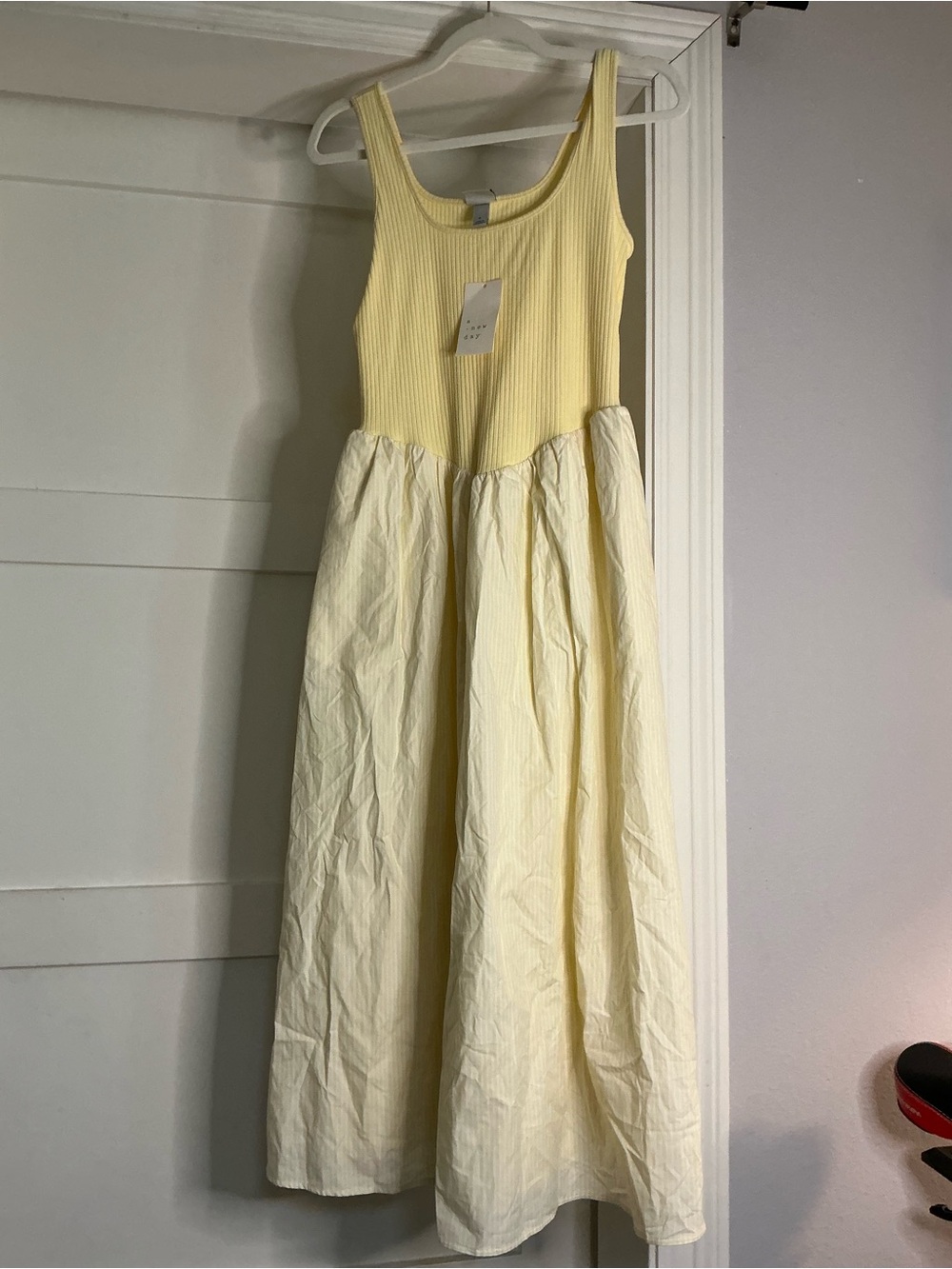 a new day Soft Pale Yellow Ribbed Bodice Midi Dress